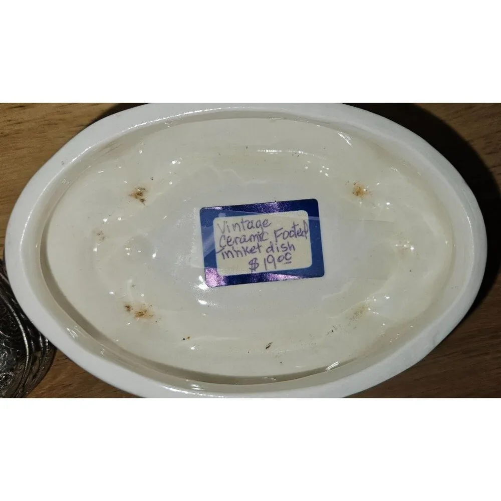Vintage‎ Ceramic Footed Trinket Dish & Silver Tone Box Set